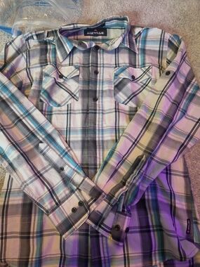 Airwalk Plaid Button-Down Shirt in Teal, Purple, Black & White